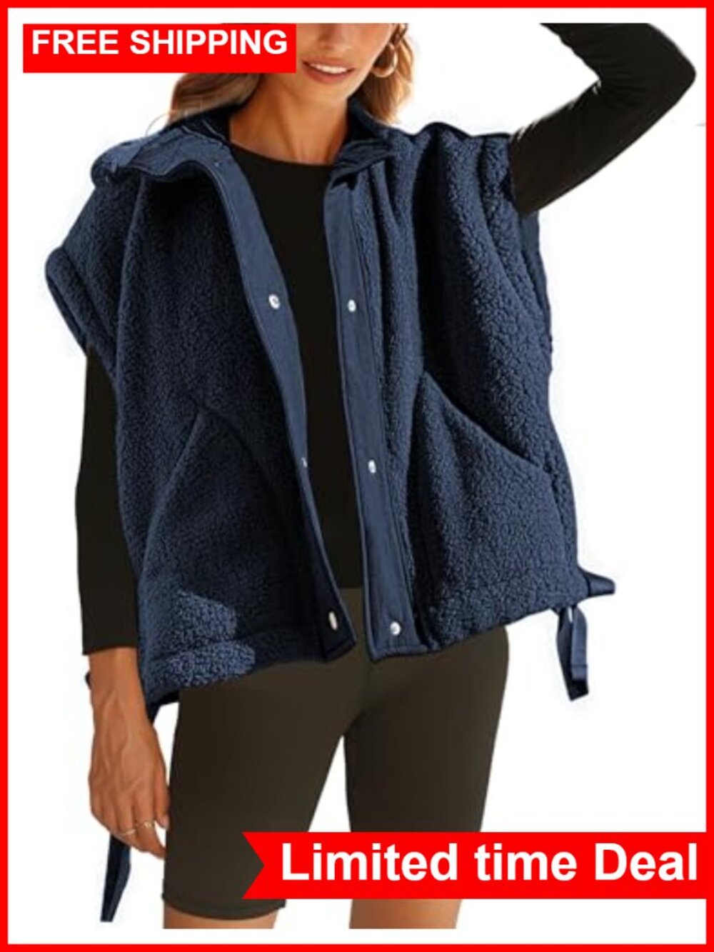 Womens Sherpa Fleece Vest Oversized Sleeveless Button Front Pockets